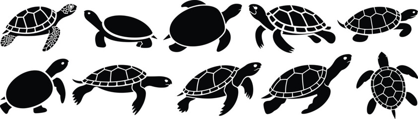Collection of Various Sea Turtle and Tortoise Silhouettes Isolated on White Background for Marine Biology Wildlife Conservation Nature Education and Aquatic Reptile Graphic Design
