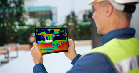 Naklejka na ściany i meble Infrared Camera Analysis Reveals Thermal Insulation Outside Commercial