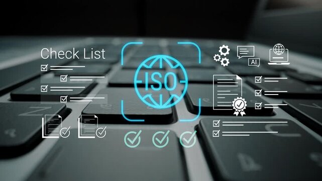 ISO Certification Check List with Icons, Laptop Keyboard Background, Quality Control, Compliance Standards, Digital Transformation, Business Process Gluon.