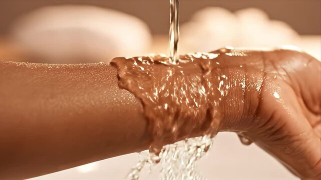 Close Up of Water Flowing Over a Dark Skinned Hand Showing Skin Texture and Hydration Effect in Soft Lighting