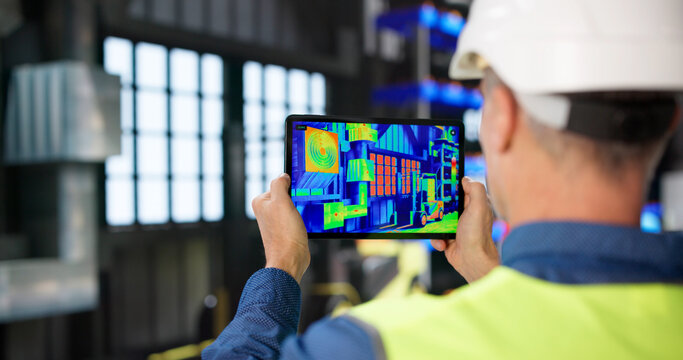 Male Engineer Inspects HVAC System With Thermal Camera