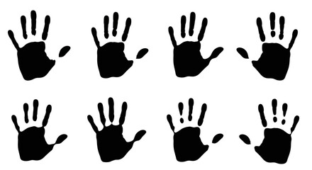 Obraz premium A set of black human hand silhouettes displaying various gestures, including thumbs up, thumbs down, peace signs, and more, against a clean white background.