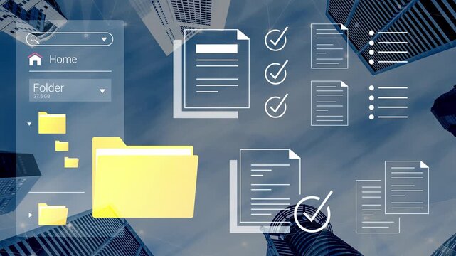 Digital workspace concept with folders, documents, and skyscrapers, symbolizing organization, technology, and modern business environment Gluon.
