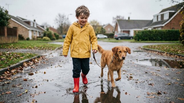 Through puddles, a boy walking dog on a rainy day