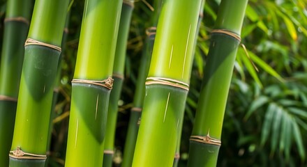 Fototapeta premium A close-up view of vibrant green bamboo stalks in a lush garden setting