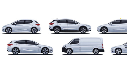 Collection of White Cars and Van on White Background.