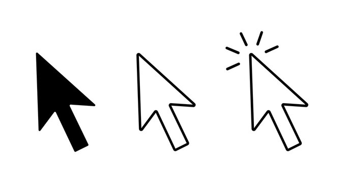 Computer mouse click cursor arrow icon set. Clicking cursor. Pointer click icon. Flat line vector design.