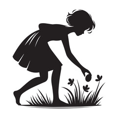 Girl Bending Down with Bow Dress Easter Silhouette Vector