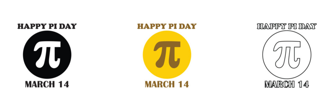 Happy Pi Day Circular Logo Designs. Set of three circular Happy Pi Day logo designs featuring the pi symbol in black, yellow, and outline styles on light background.