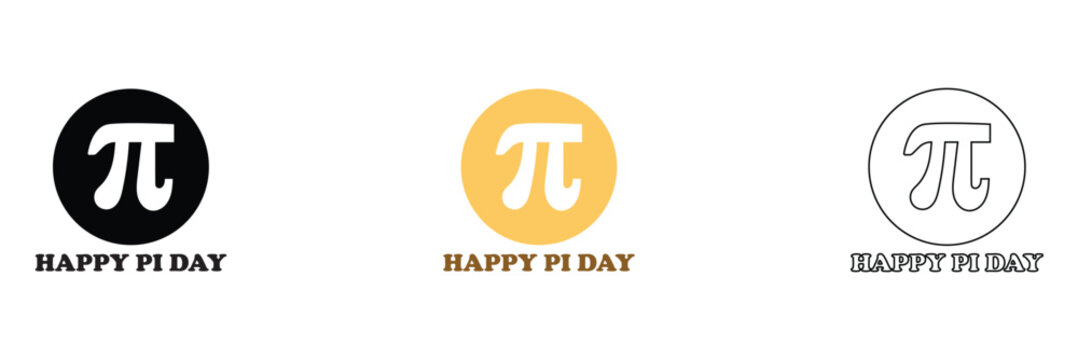 Happy Pi Day Circular Logo Designs. Set of three circular Happy Pi Day logo designs featuring the pi symbol in black, yellow, and outline styles on light background.
