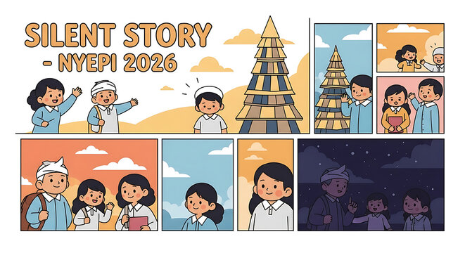 A vibrant comic strip illustration depicting a silent story with diverse people, cultural symbols, and serene landscapes, showcasing various human emotions and interactions.