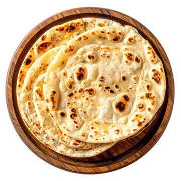 Overhead view of freshly baked naan bread on a rustic wooden serving platter isolated on white background
