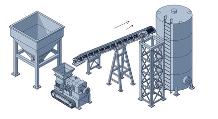 Industrial processing plant with conveyor belt system and storage silo. © Berkah