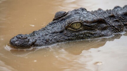 Obraz premium Close-up of a crocodile's head in murky water.