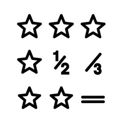 Obraz premium Clean Outline Vector Icons for Star Rating Systems and Mathematical Fractions, Featuring Multiple Stars, Half, One-Third, and an Equals Sign, Ideal for Product Reviews, Educational Content, and Assess