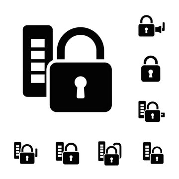 Set of Black Vector Icons for Data Security, Cyber Protection, and Information Access Control with Padlocks and Servers