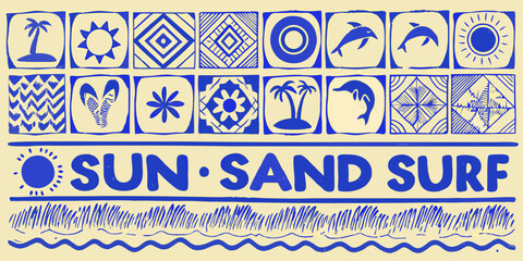 Blue and white illustrated pattern with sun surf and tropical motifs © Nripen