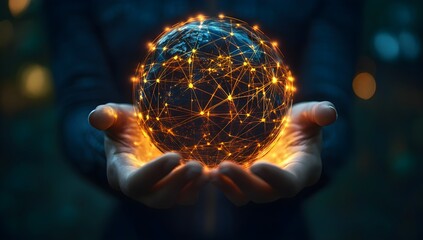 Fototapeta premium Hands holding glowing earth network globe