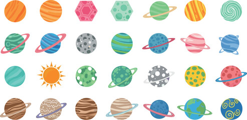 Diverse Solar System Planet Vector Set Featuring Earth Saturn Mars Jupiter and Stylized Celestial Bodies for Space Exploration Science Education and Astronomy Graphic Designs © Rumi