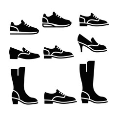 Set of black and white footwear silhouettes featuring sneakers, dress shoes, boots, and high heels for fashion and retail design.