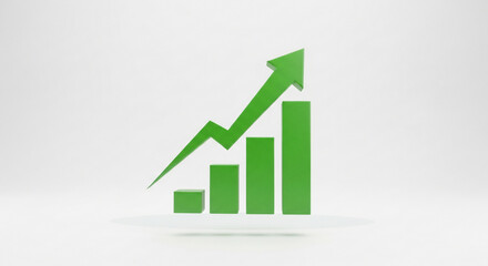 Green bar graph with upward trending arrow representing financial growth and positive business performance isolated on a clean white background