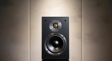 Modern black bookshelf speaker with golden tweeter, audio equipment, studio monitor