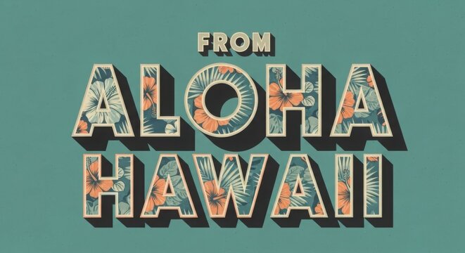 Retro graphic design featuring the words "FROM ALOHA HAWAII" in a bold, 3D-effect font filled with a tropical hibiscus flower pattern.