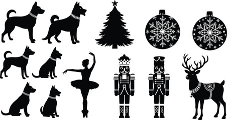 Black vector silhouette set of Christmas dogs reindeer nutcrackers a ballerina ornaments and a pine tree for festive holiday winter branding, cad drawing flat vector illustration © MDMOHOBBAT