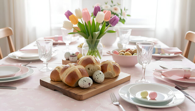 Easter Table Setting with Hot Cross Buns, Tulips and Pastel Decorations