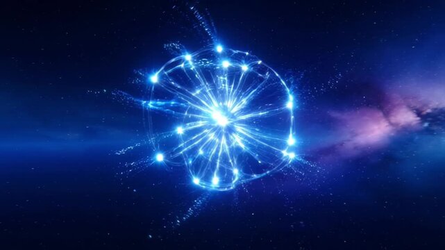 Glowing blue global network of connected nodes and digital lights.