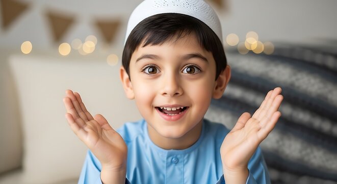 Young boy wearing a prayer cap.
