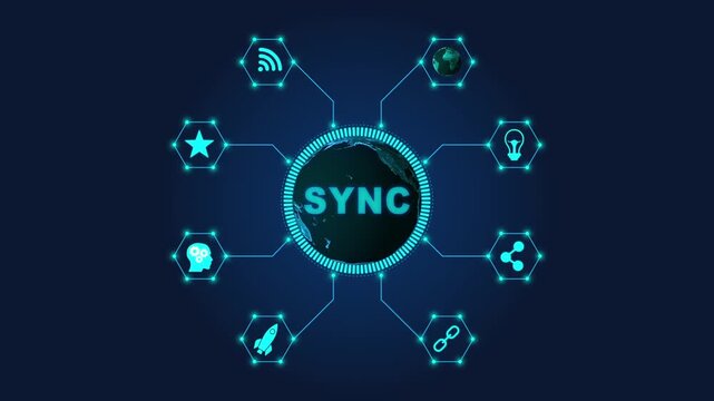 Global synchronization concept with interconnected and earth map on dark background global network