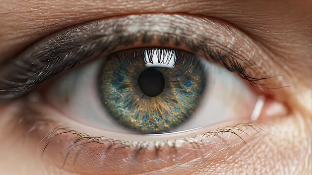 Extreme Close Up Macro Shot of a Human Eye Showing Intricate Iris Detail and Eyelashes with Reflections in the Pupil