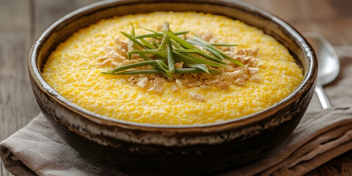 Yellow cornmeal polenta grits in dark bowl with green onion garnish