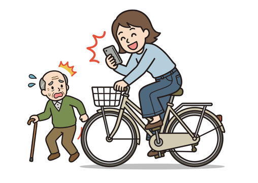 自転車のスマホ操作による危険運転イラスト（ながら運転・交通違反）