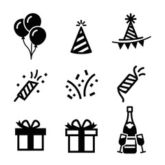 Flat Black and White Vector Icons Set for Celebration, Birthday Party, New Year's Eve, and Holiday Events with Balloons, Gifts, Champagne and Confetti Poppers