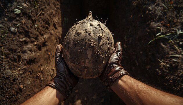 Hands Wearing Garden Gloves picking Arbi (Colocasia Root)