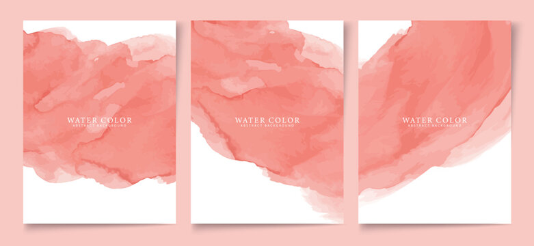Set of three elegant vector graphic illustrations featuring soft peach and coral watercolor brush strokes, creating delicate artistic abstract backgrounds 