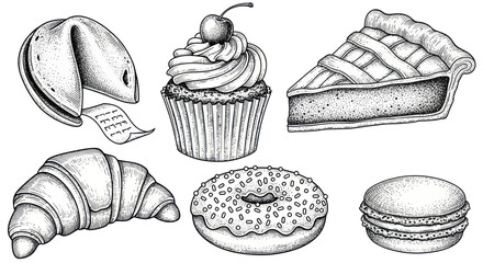 Hand-drawn sketch of assorted baked goods: fortune cookie, cupcake, pie, croissant, donut, macaron © beni