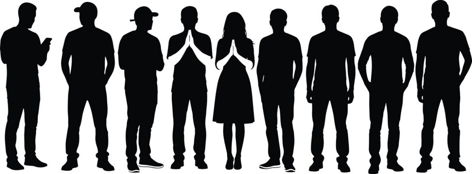 Silhouette of Diverse People Standing in a Row Including Man Using Phone and Couple Greeting with Namaste or Prayer Gesture