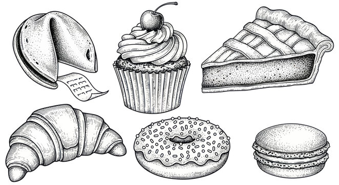 Hand-drawn sketch of assorted baked goods: fortune cookie, cupcake, pie, croissant, donut, macaron