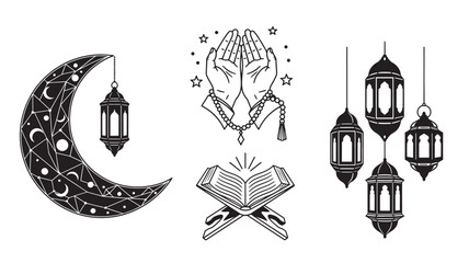 Fototapeta premium Ramadan Kareem illustrations set in black and white minimalist style with crescent moon lanterns and prayer hands for Islamic holiday greeting cards