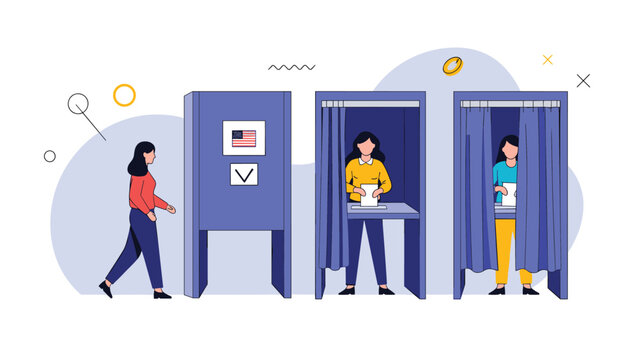 American citizens participating in the democratic process by casting their votes in private polling booths at a center.