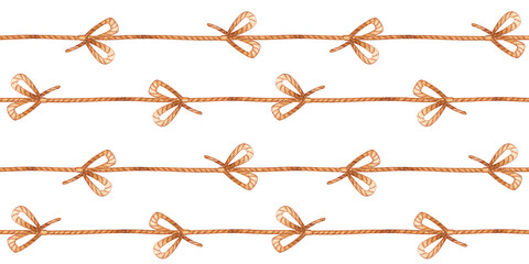 A watercolor seamless pattern with decorative ropes and tied bows. The hand-drawn repeating design is isolated from the background. Suitable for fabric, wrapping paper, wallpaper, and textiles.