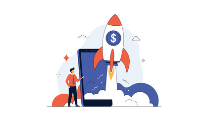 Rocket ship with a dollar sign symbol blasting off from a smartphone screen as a businessman watches the growth.
