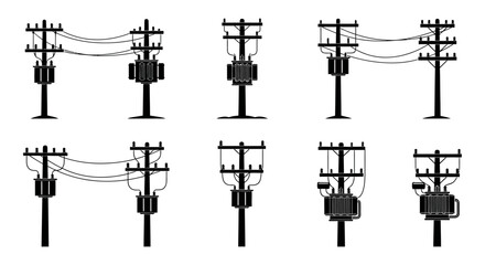 Fototapeta premium black silhouette icons of electricity poles power lines and transformers illustrating essential urban power grid infrastructure and energy distribution