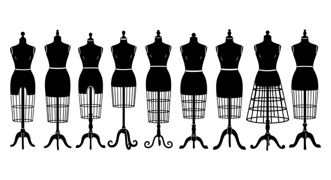 black silhouette dress forms showcasing various clothing styles ideal for costume design pattern making and tailoring.