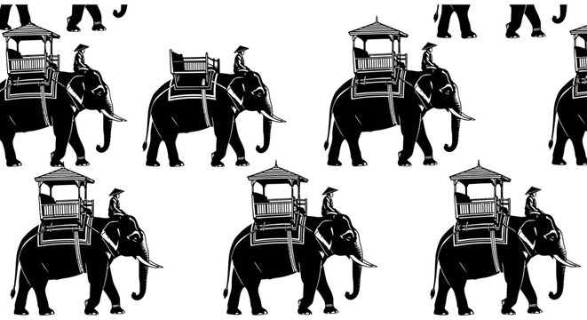black silhouette elephants with mahouts and howdahs in a seamless pattern representing traditional asian culture ideal for textiles.