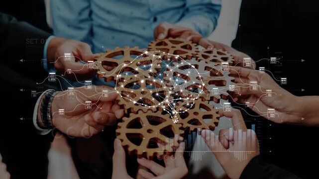 A group of hands working together to join gears illustrates teamwork and collaboration. Data visualizations in the background highlight innovation and synergy in a business setting. Raster