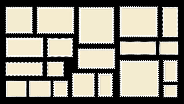 blank postage stamps with perforated edges in various sizes on a black background ideal for graphic design mockups and copy space.